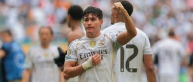 Real Madrid C.F. defender Fran Garcia (20) reacts after the match against Juventus FC during a round of 16 match of the 2025 FIFA Club World Cup at Hard Rock Stadium