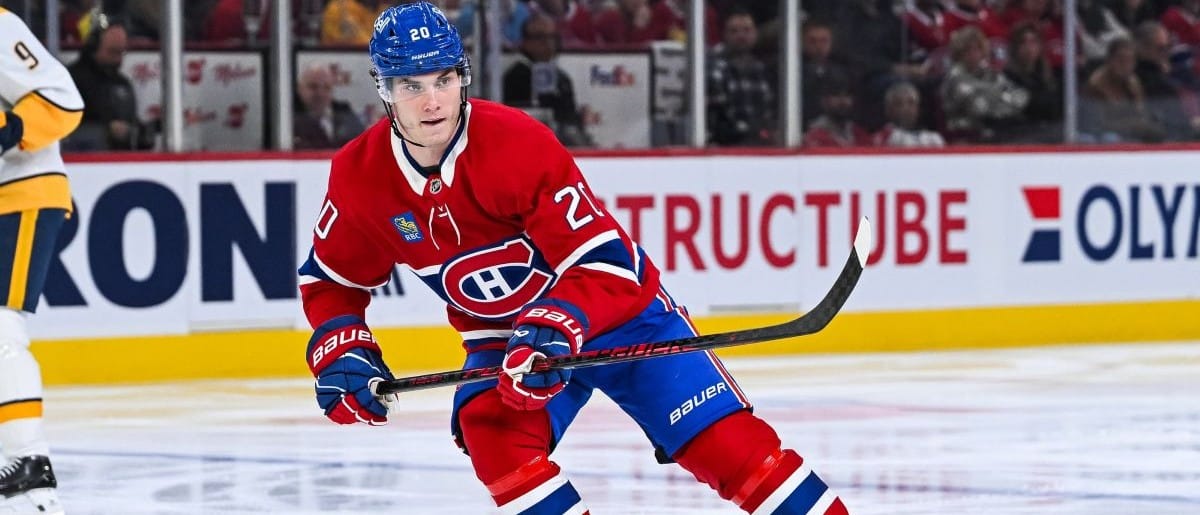 Montreal Canadiens left wing Juraj Slafkovsky (20) skates against the Nashville Predators during the second period at Bell Centre