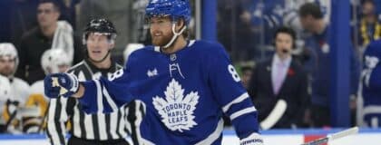 Toronto Maple Leafs forward William Nylander (88) reacts after scoring his second goal of the third period against the Pittsburgh Penguins at Scotiabank Arena