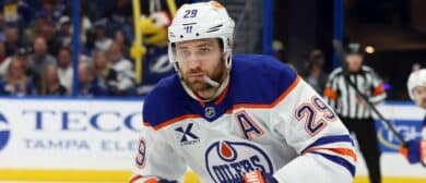 Edmonton Oilers center Leon Draisaitl (29) skates against the Tampa Bay Lightning during the first period at Benchmark International Arena.