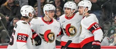 ; Ottawa Senators forward Dylan Cozens (24) celebrates his power play goal against the Minnesota Wild with defensemen Jake Sanderson (85), forward Tim Stutzle (18), and forward Drake Batherson (19) during the third period at Grand Casino Arena