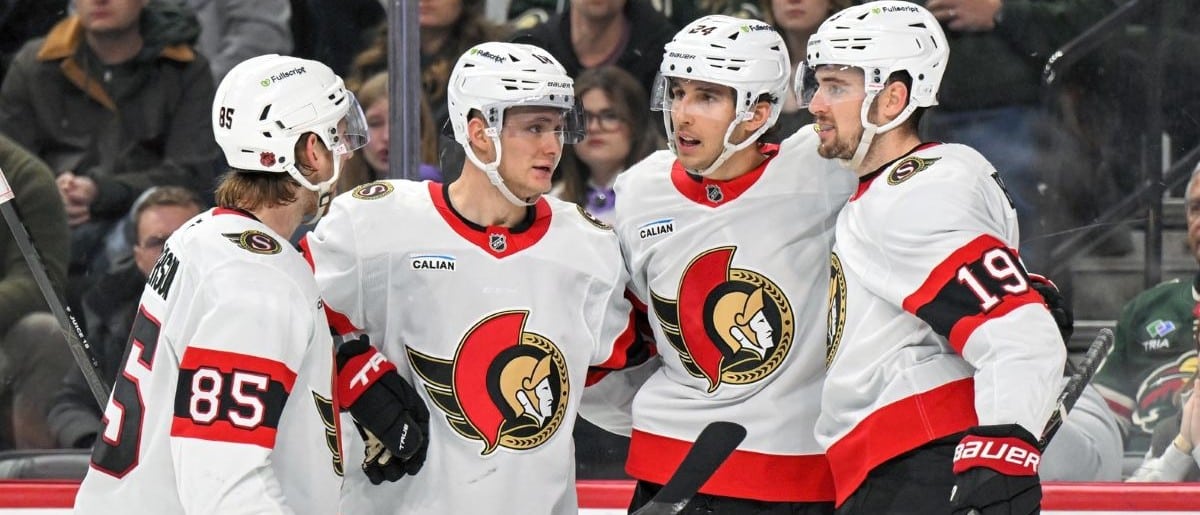 ; Ottawa Senators forward Dylan Cozens (24) celebrates his power play goal against the Minnesota Wild with defensemen Jake Sanderson (85), forward Tim Stutzle (18), and forward Drake Batherson (19) during the third period at Grand Casino Arena