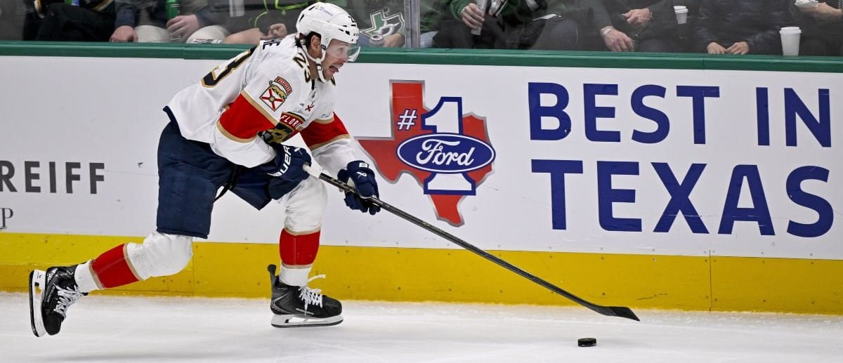 Florida Panthers center Carter Verhaeghe (23) skates against the Dallas Stars during the game at the American Airlines Center