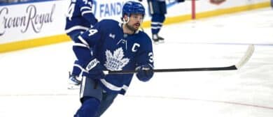 Toronto Maple Leafs forward Auston Matthews (34) warms up before playing the Winnipeg Jets at Scotiabank Arena