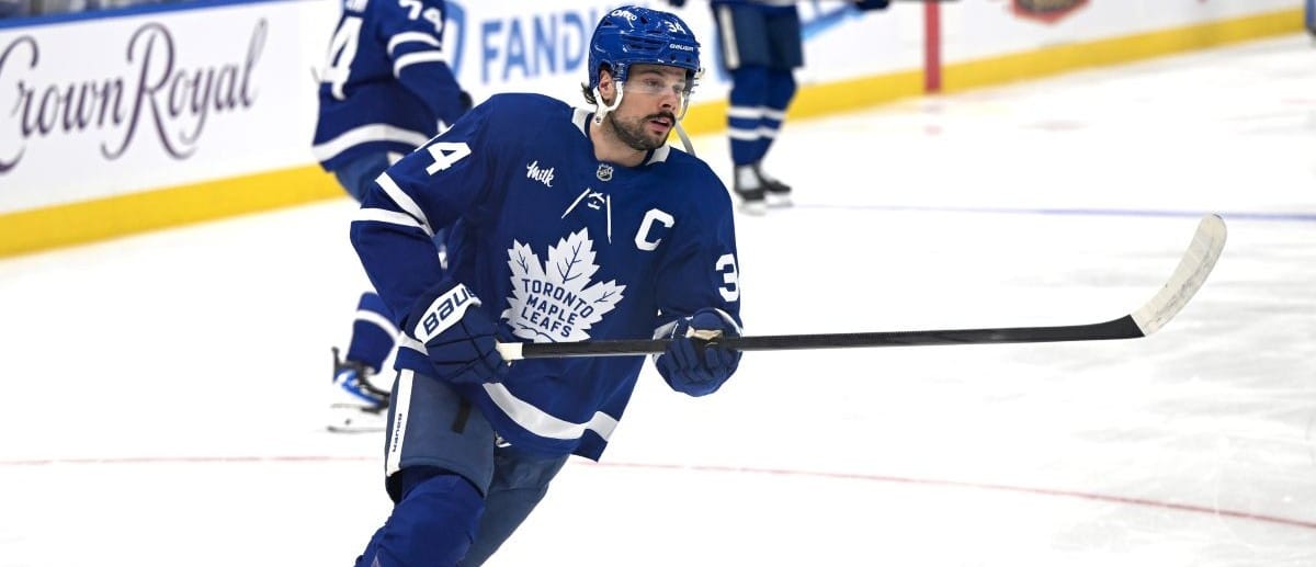 Toronto Maple Leafs forward Auston Matthews (34) warms up before playing the Winnipeg Jets at Scotiabank Arena