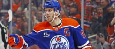 Edmonton Oilers forward Connor McDavid (97) celebrates after scoring a goal against the Nashville Predators during the first period at Rogers Place.