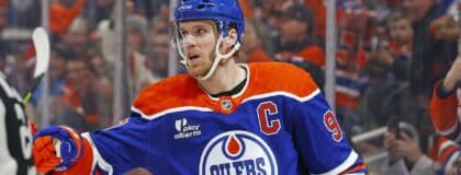 Edmonton Oilers forward Connor McDavid (97) celebrates after scoring a goal against the Nashville Predators during the first period at Rogers Place.