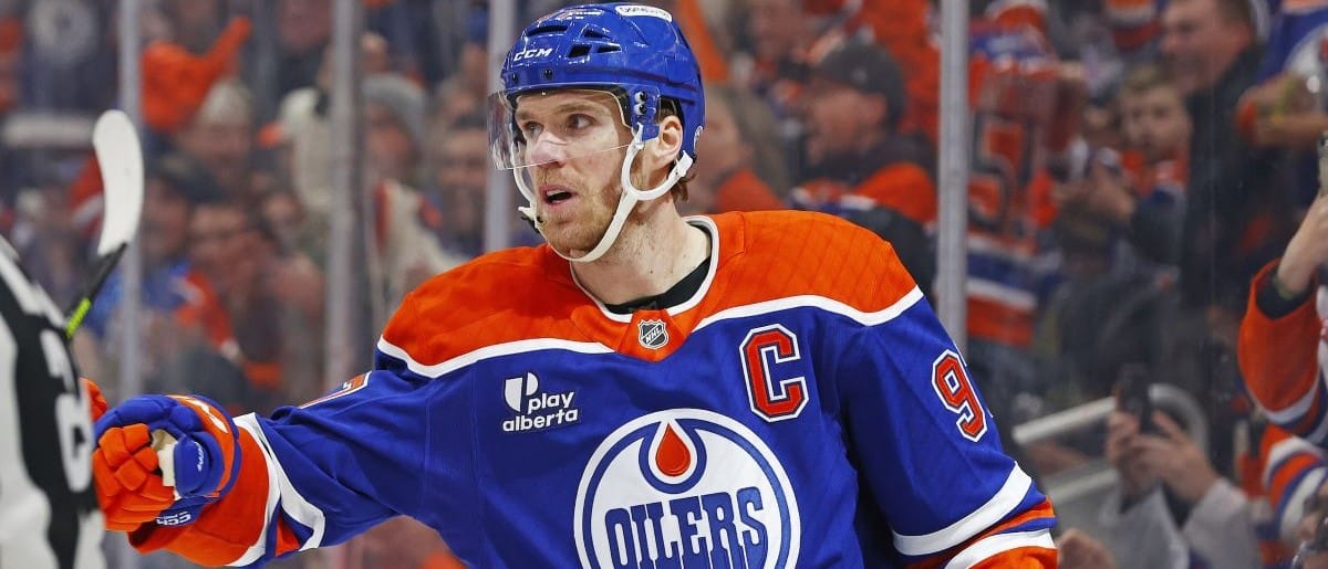 Edmonton Oilers forward Connor McDavid (97) celebrates after scoring a goal against the Nashville Predators during the first period at Rogers Place.