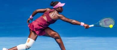 Victoria Mboko of Canada in action against Aryna Sabalenka in the fourth round of the women’s singles at the Australian Open at Rod Laver Arena in Melbourne Park