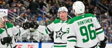 Dallas Stars defenseman Thomas Harley (55) is congratulated by center Wyatt Johnston (53) and right wing Mikko Rantanen (96) after scoring the game winning goal against the St. Louis Blues during the third period at Enterprise Center.
