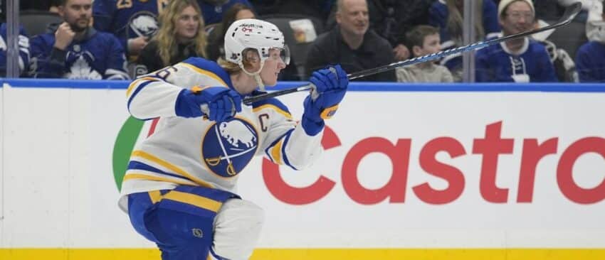 Buffalo Sabres defenseman Rasmus Dahlin (26) scores with this shot on an empty net against the Toronto Maple Leafs during the third period at Scotiabank Arena