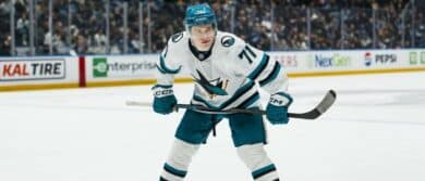 San Jose Sharks forward Macklin Celebrini (71) during a stop in play against the Vancouver Canucks in the third period at Rogers Arena.