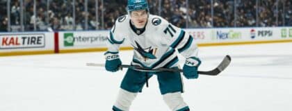 San Jose Sharks forward Macklin Celebrini (71) during a stop in play against the Vancouver Canucks in the third period at Rogers Arena.