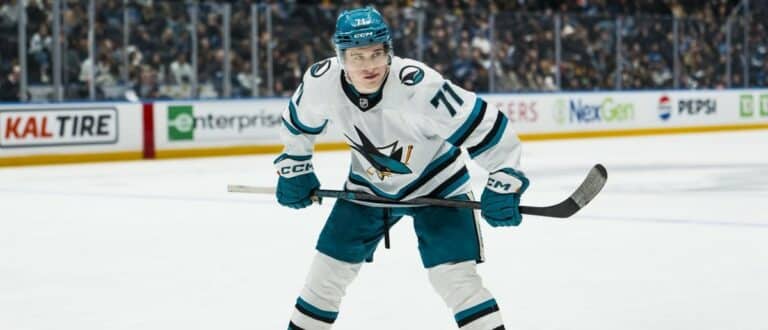 San Jose Sharks forward Macklin Celebrini (71) during a stop in play against the Vancouver Canucks in the third period at Rogers Arena.