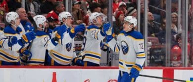 Buffalo Sabres center Tage Thompson (72) celebrates after scoring against the Florida Panthers during the first period at Amerant Bank Arena