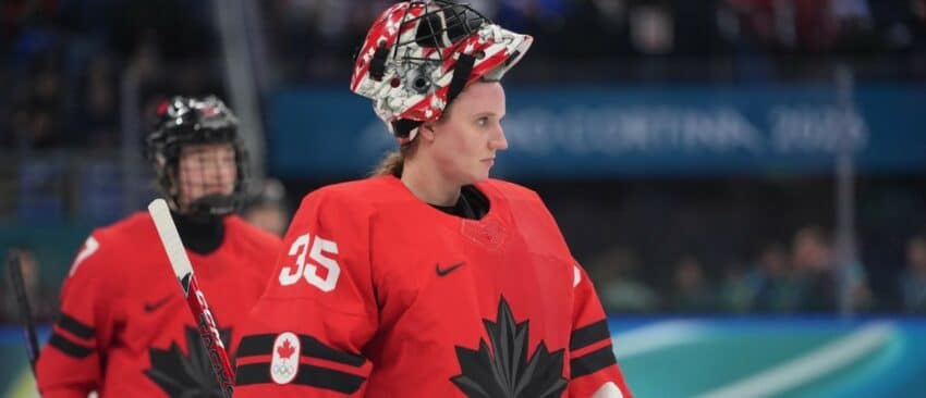 Ann-Renee Desbiens (35) of Canada reacts after the first period against the United States in women's ice hockey group A play during the Milano Cortina 2026 Olympic Winter Games at Milano Santagiulia Ice Hockey Arena