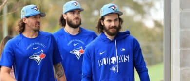 Toronto Blue Jays pitcher Kevin Gausman (34), pitcher Dylan Cease (84), pitcher Cody Ponce (37) workout for spring training practice at Blue Jays Player Development Complex