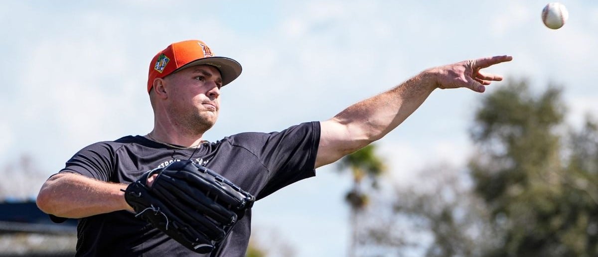 Detroit Tigers pitcher Tarik Skubal practices during spring training at TigerTown in Lakeland, Fla. on Saturday, Feb. 14, 2026.