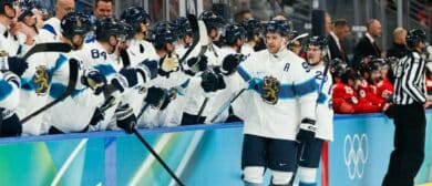 Mikko Rantanen (96) of Finland celebrates after scoring a goal during the first period against Canada in a men's ice hockey semifinal during the Milano Cortina 2026 Olympic Winter Games at Milano Santagiulia Ice Hockey Arena