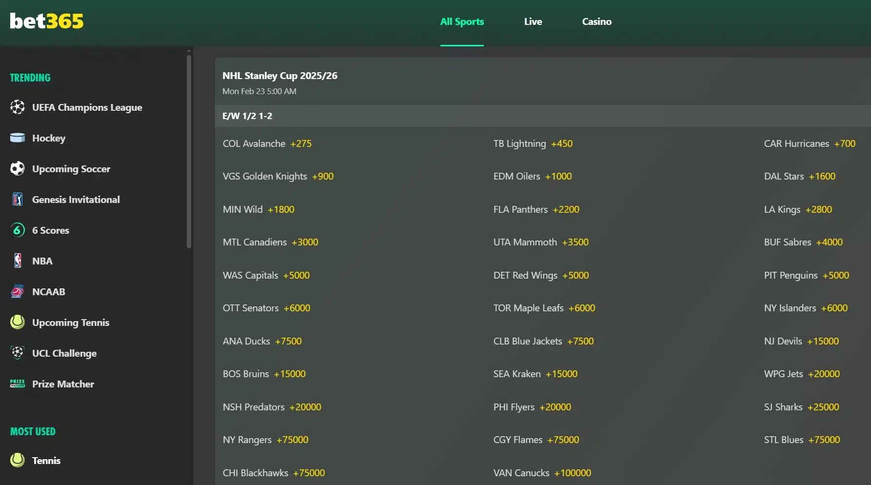 A screenshot of the desktop view of bet365's Stanley Cup Odds
