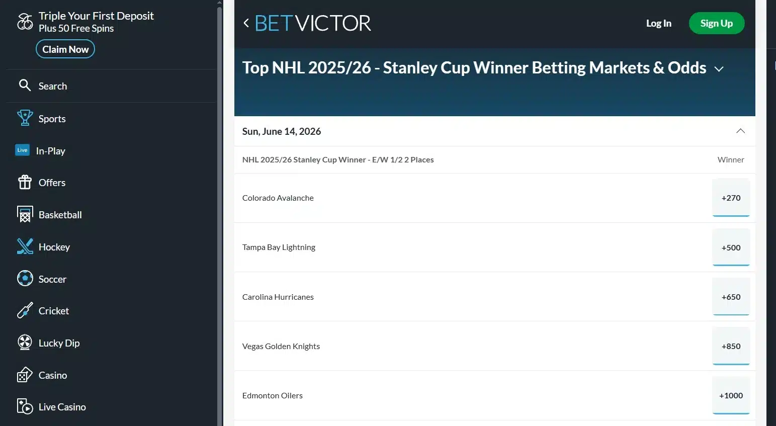 A screenshot of the desktop view of BetVictor's Stanley Cup odds