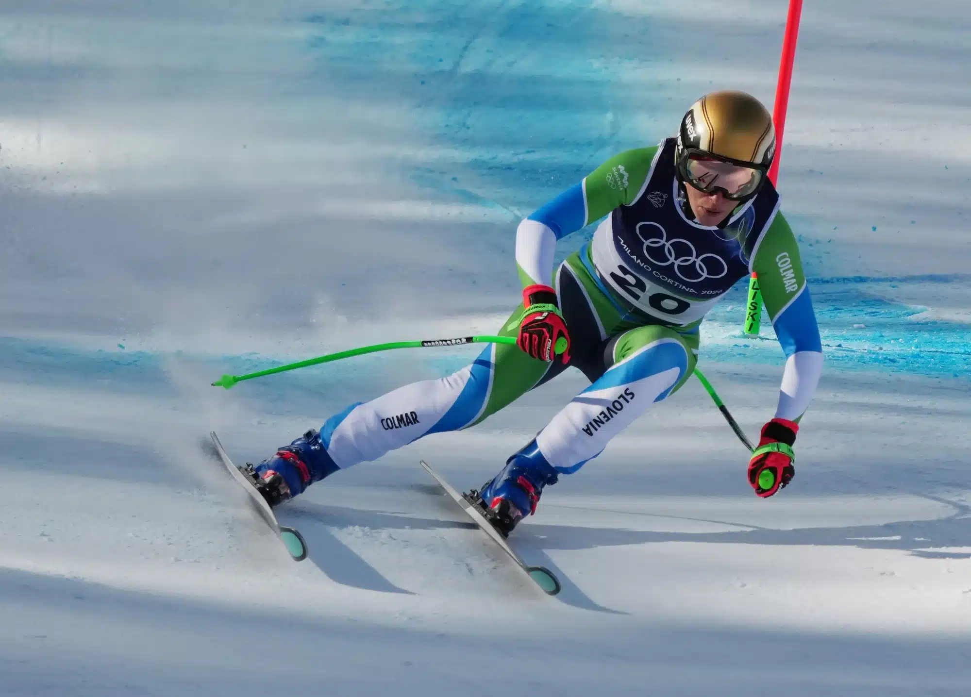 Feb 8, 2026; Cortina d'Ampezzo, Italy; Ilka Stuhec of Slovenia in the women's downhill alpine skiing race during the Milano Cortina 2026 Olympic Winter Games at Tofane Alpine Skiing Centre. 