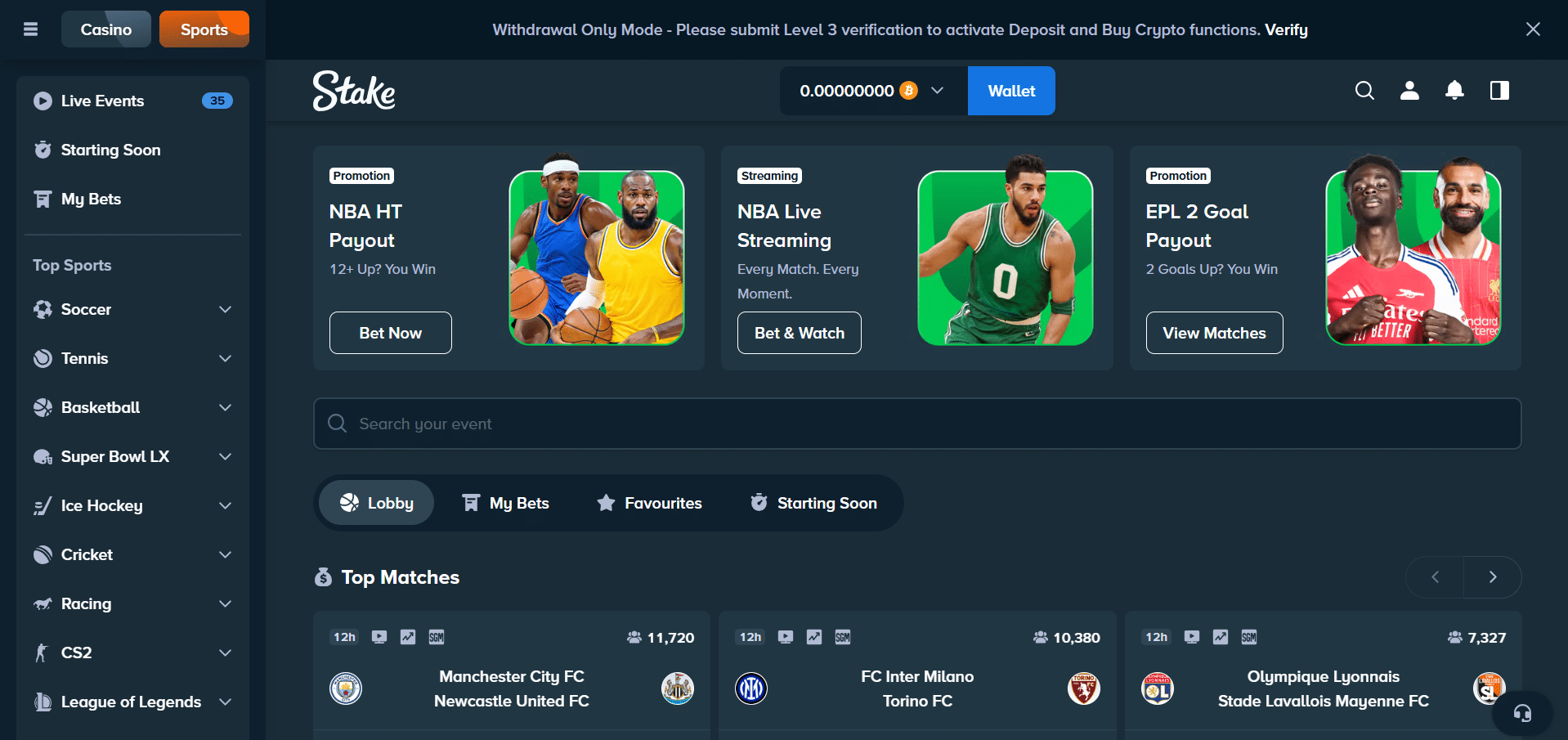Desktop view screenshot of  Stake homepage.