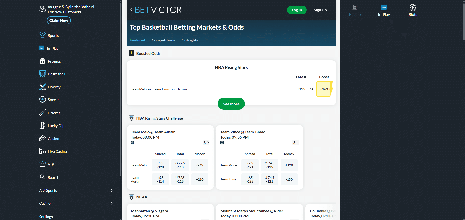 A desktop screenshot of BetVictor's basketball betting page.