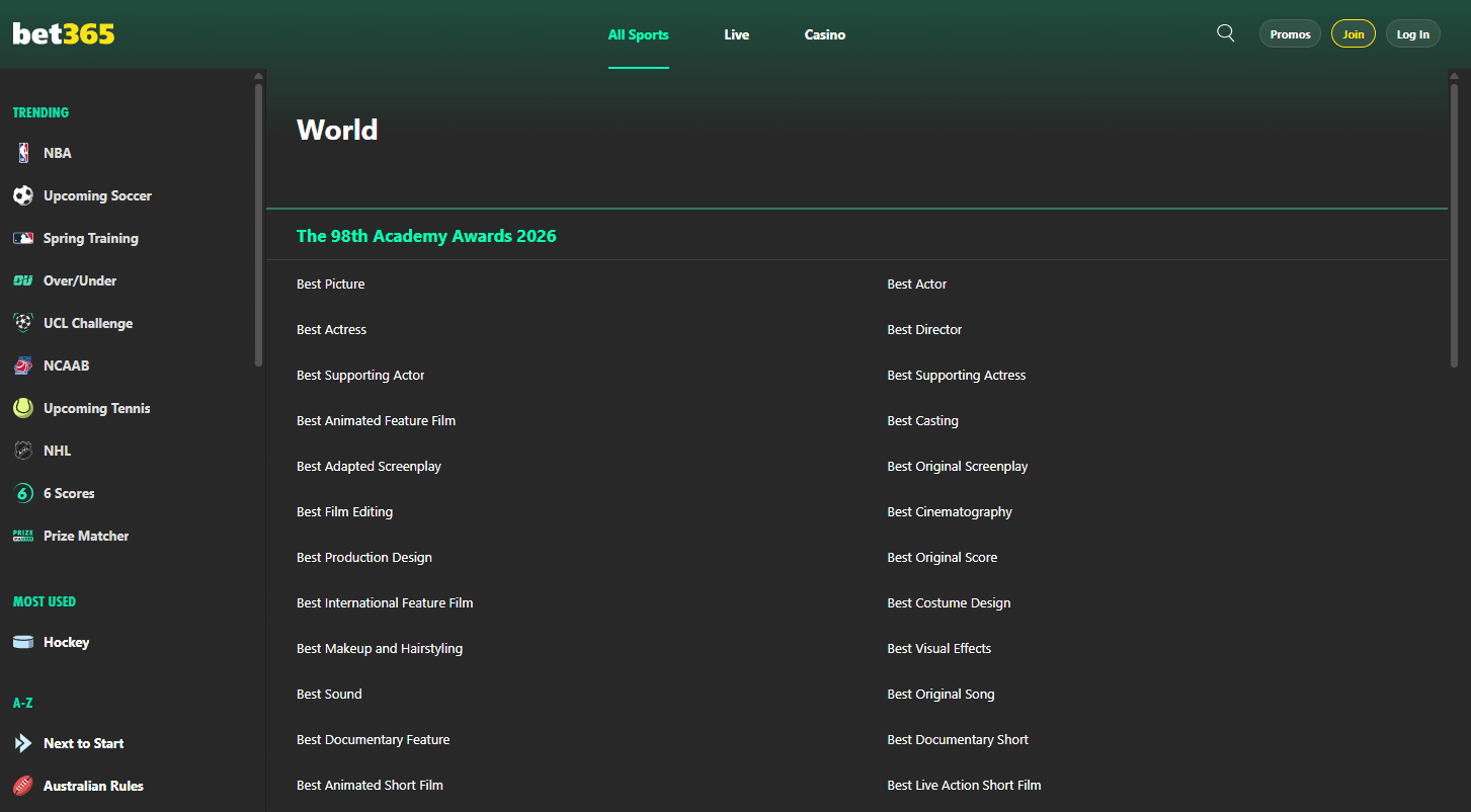 A desktop view screenshot of bet365's 98th Academy Awards betting page.