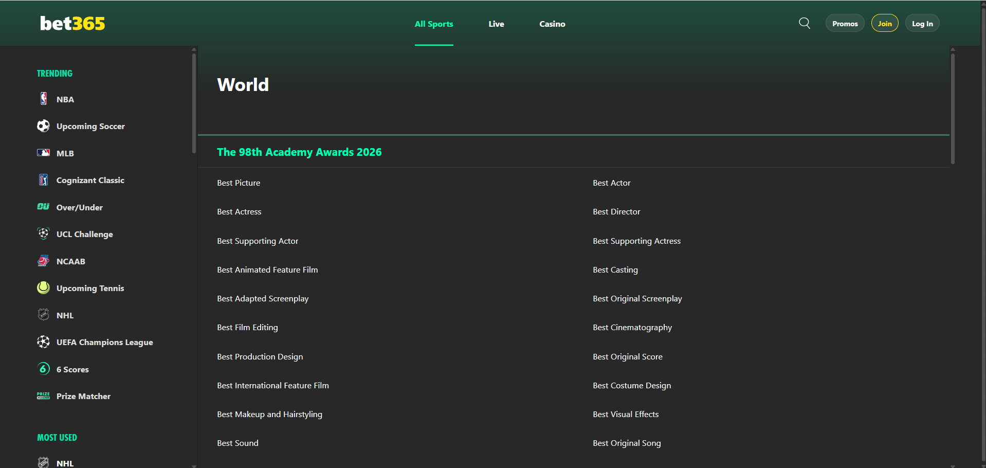 A desktop view screenshot of bet365's Oscars betting page.