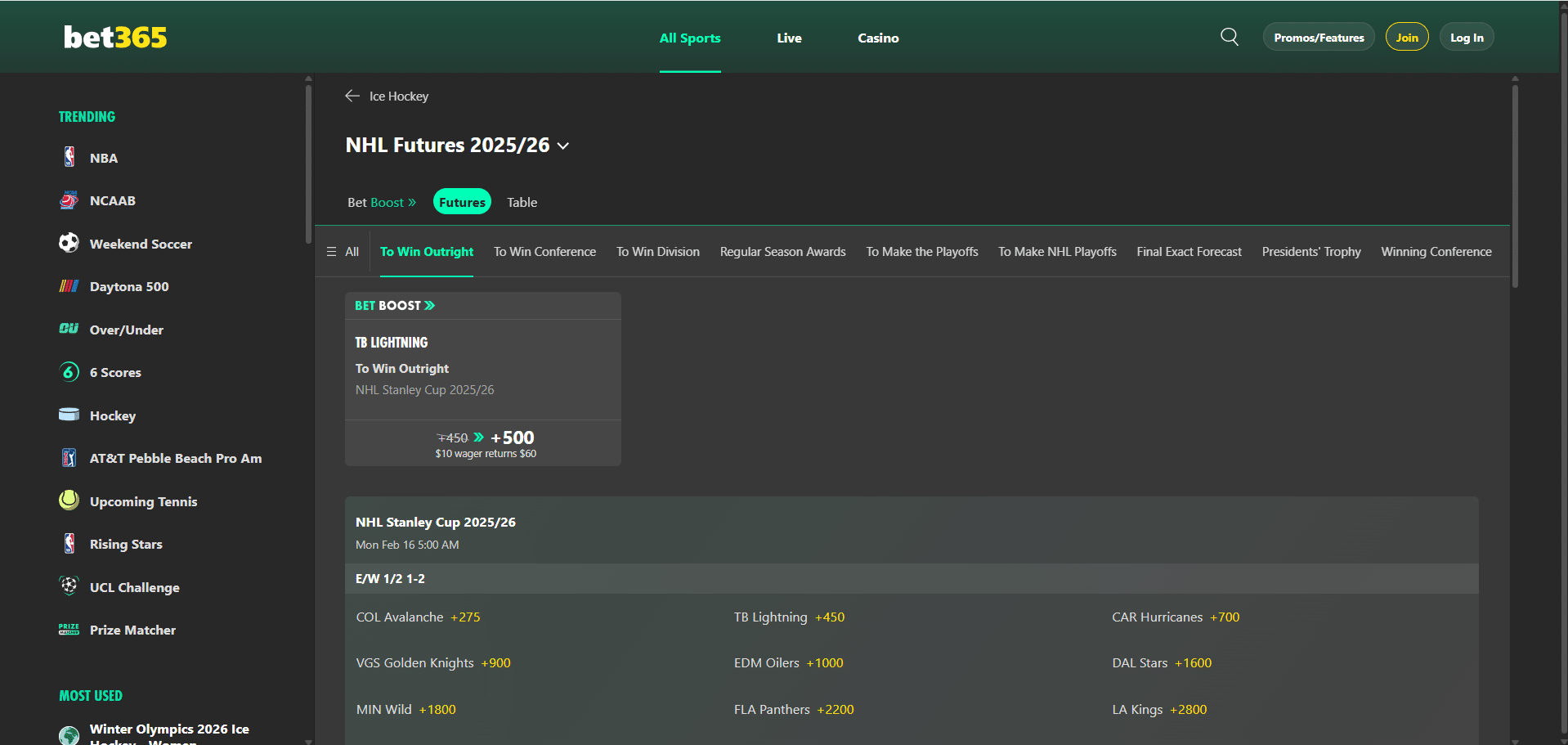 A desktop view screenshot of bet365's NHL betting page.