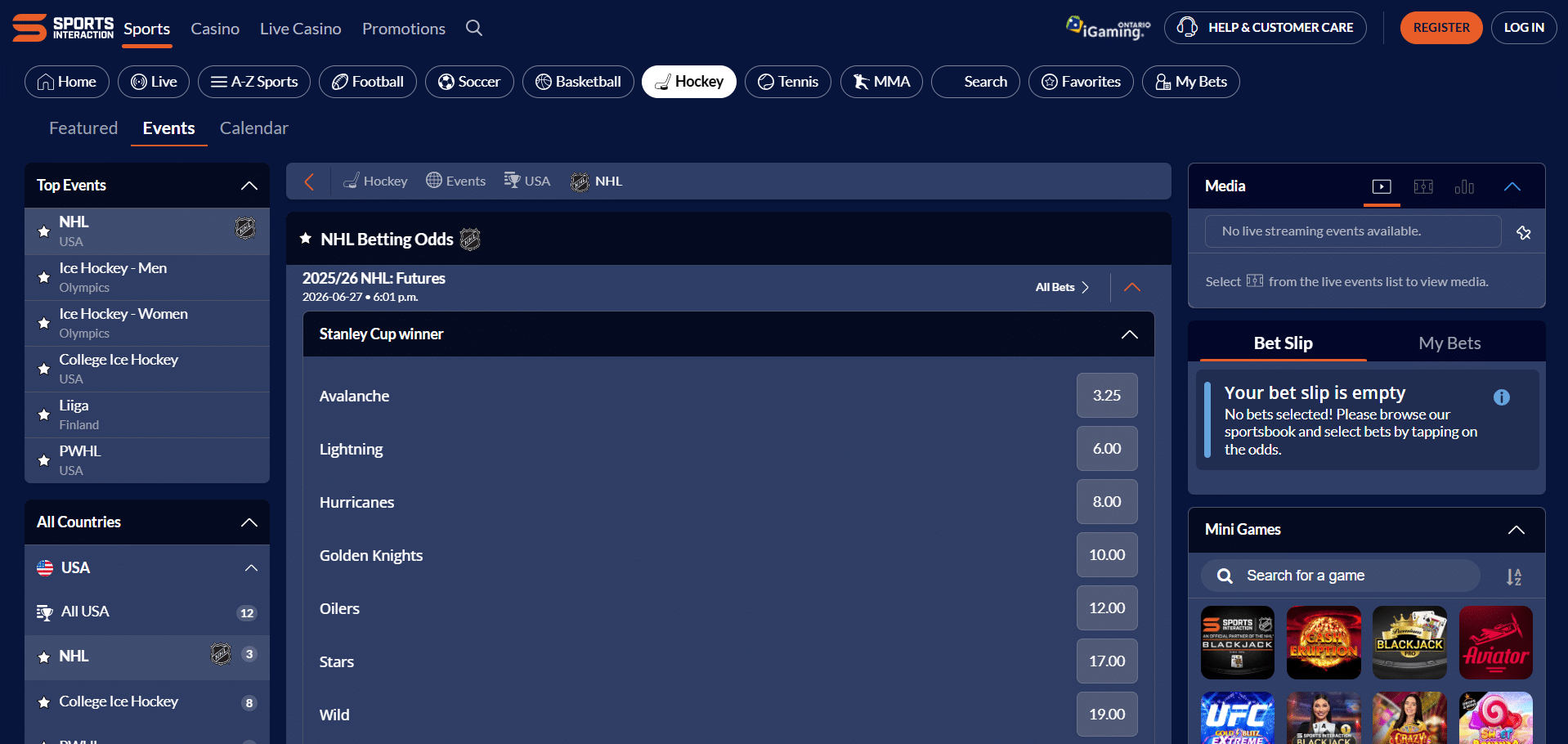 A desktop view screenshot of Sports Interaction's NHL betting page.