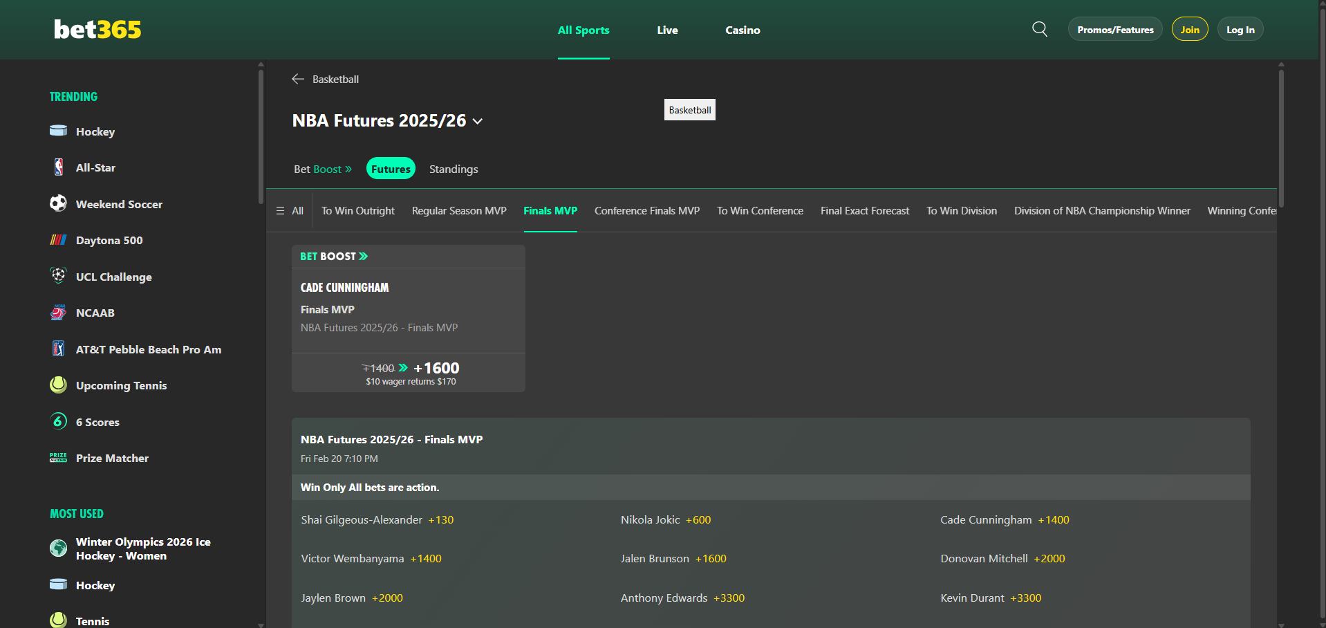 A desktop screenshot of bet365's NBA Finals MVP betting page.