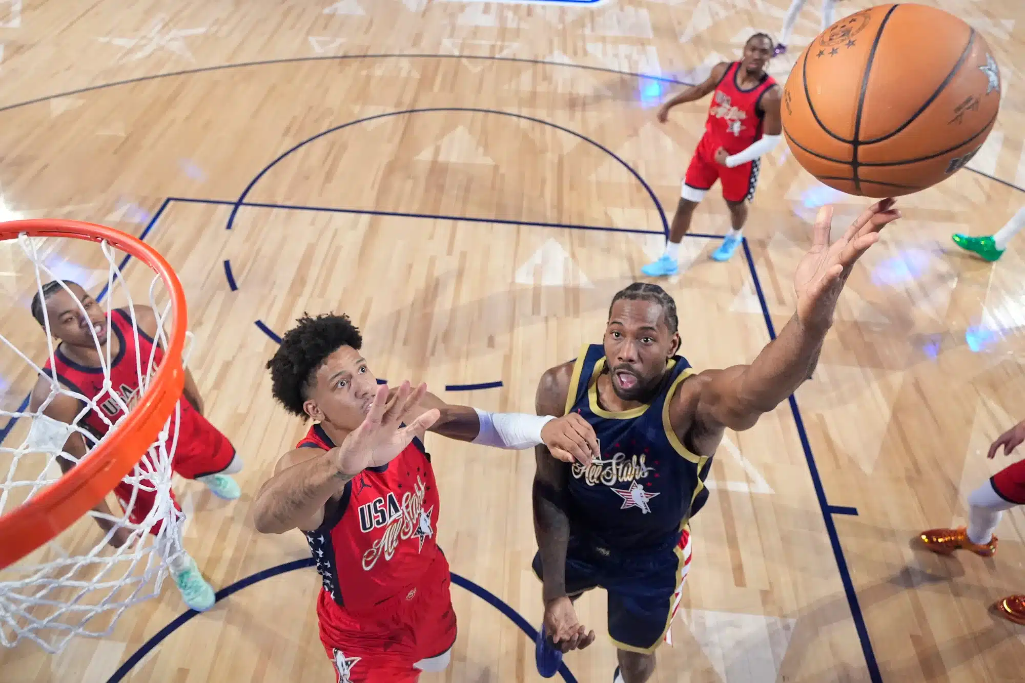Feb 15, 2026; Inglewood, California, USA; Team USA Stripes forward Kawhi Leonard (2) of the LA Clippers shoots against Team USA Stars forward Jalen Johnson (1) of the Atlanta Hawks in game two during the 75th NBA All Star Game at Intuit Dome. 