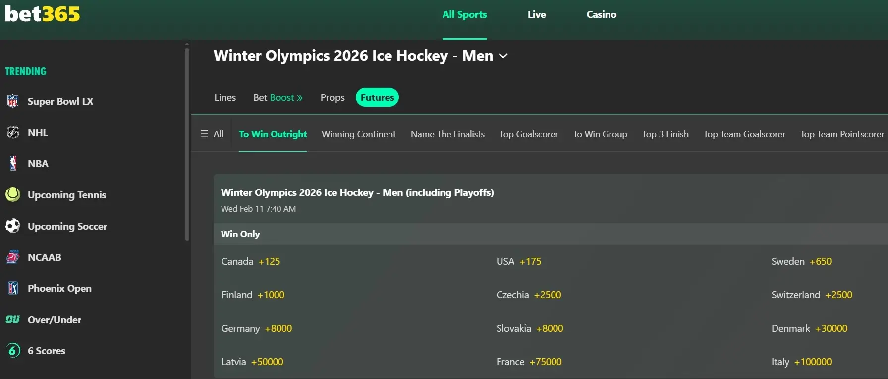 A screenshot of bet365's Winter Olympic hockey odds for the men's tournament.
