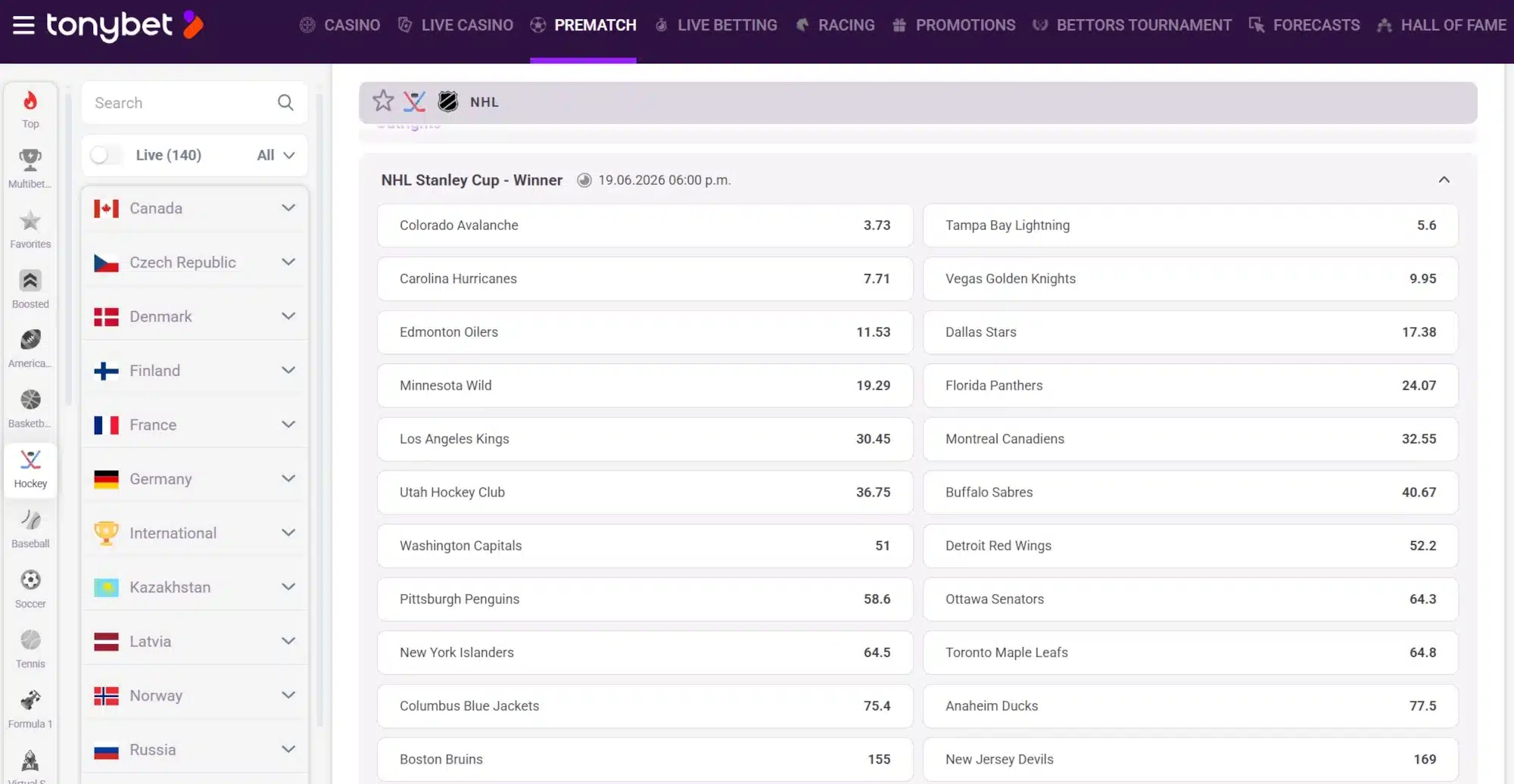 A screenshot of the desktop view of TonyBet's Stanley Cup odds