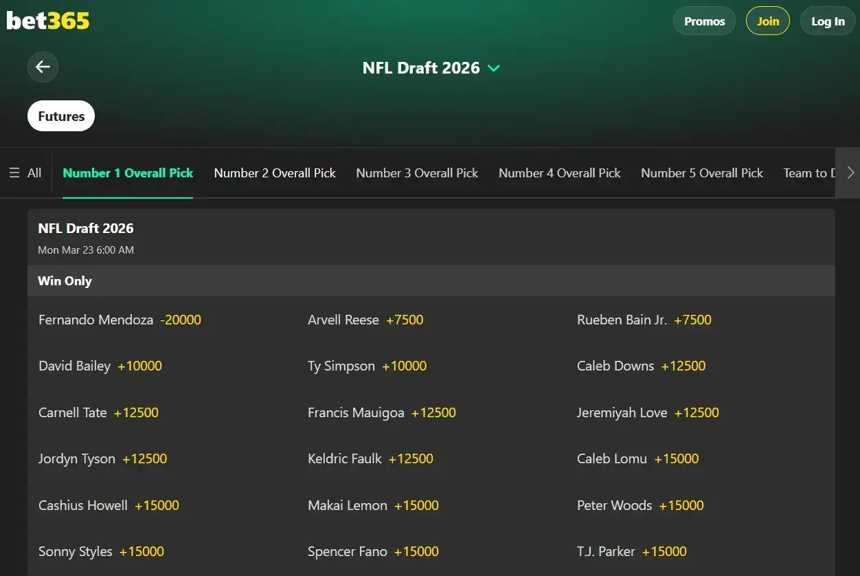 A screenshot of 2026 NFL Draft odds from bet365