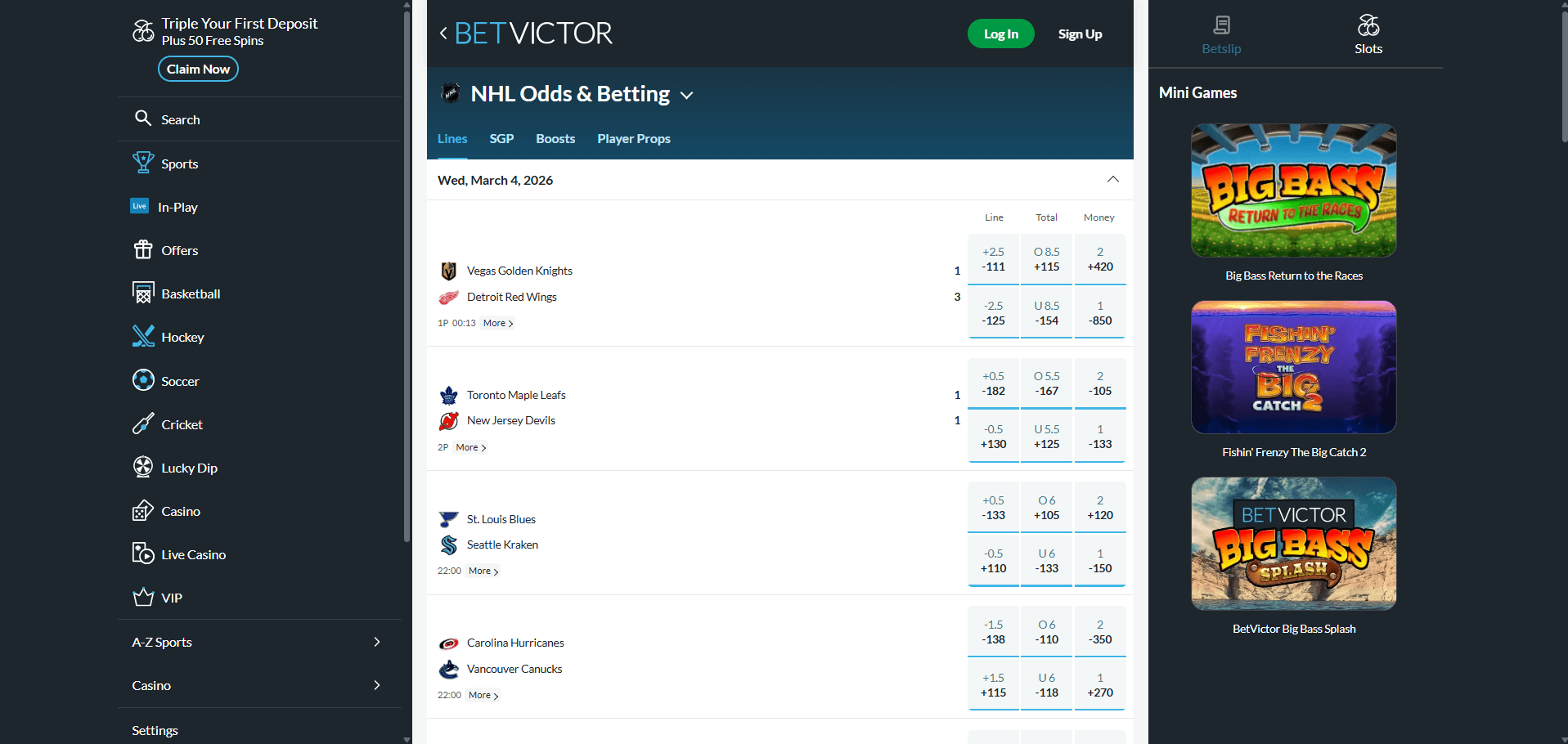A desktop view screenshot of BetVictor's NHL betting page.