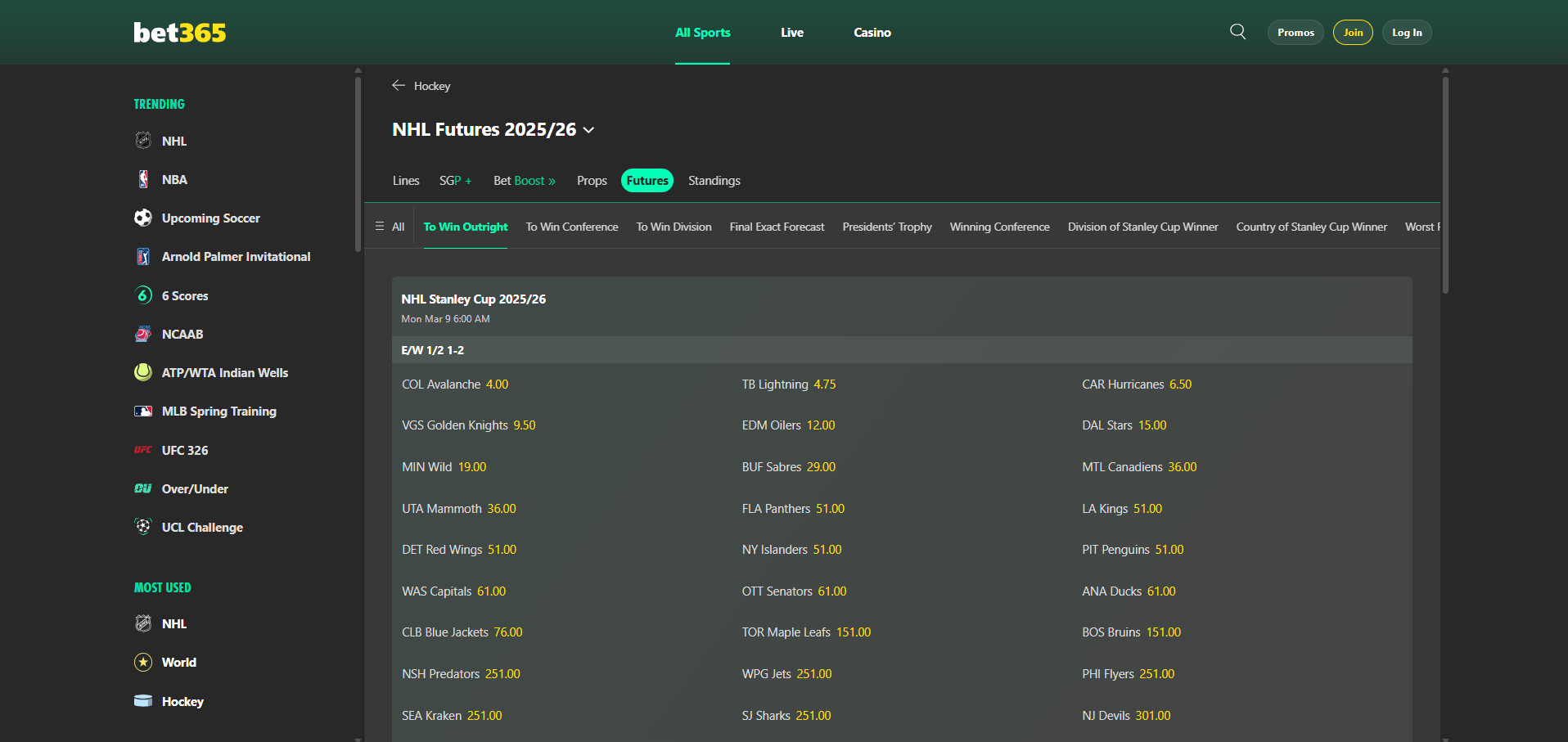 A desktop view screenshot of bet365's NHL futures betting page.