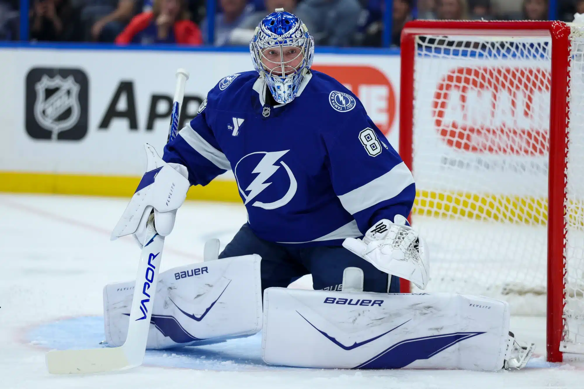 Mar 12, 2026; Tampa, Florida, USA; Tampa Bay Lightning goaltender Andrei Vasilevskiy (88) looks on against the Detroit Red Wings in the second period at Benchmark International Arena. 