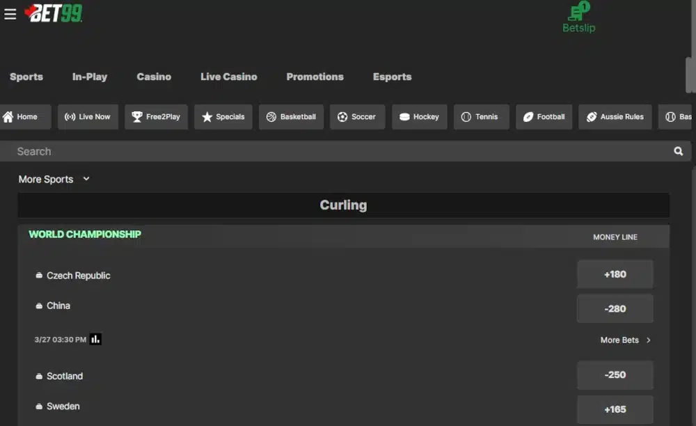 A screenshot desktop view of BET99's curling betting page.