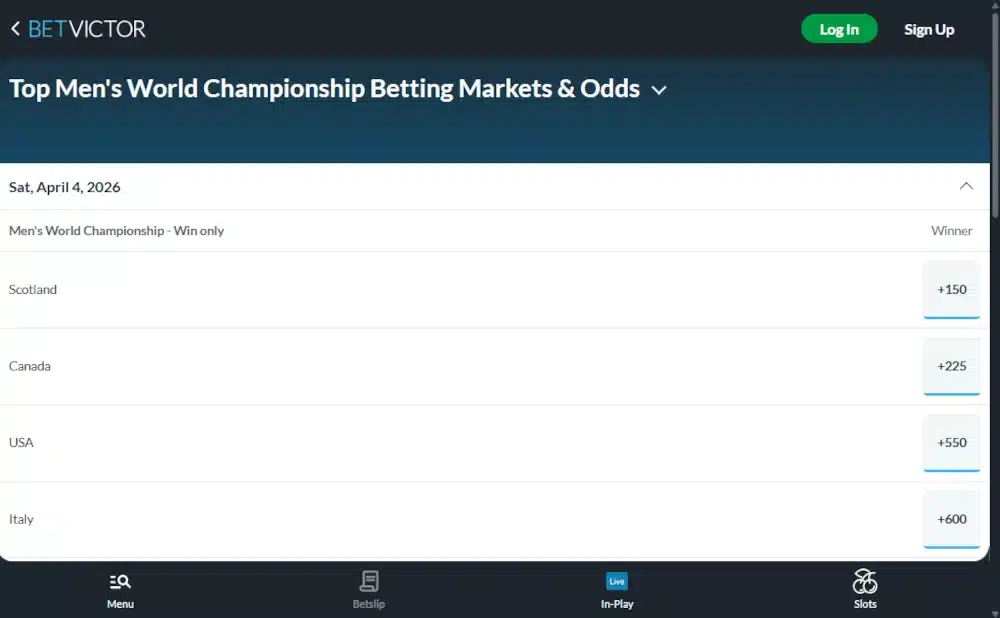 A screenshot desktop view of BetVictor's curling betting page.
