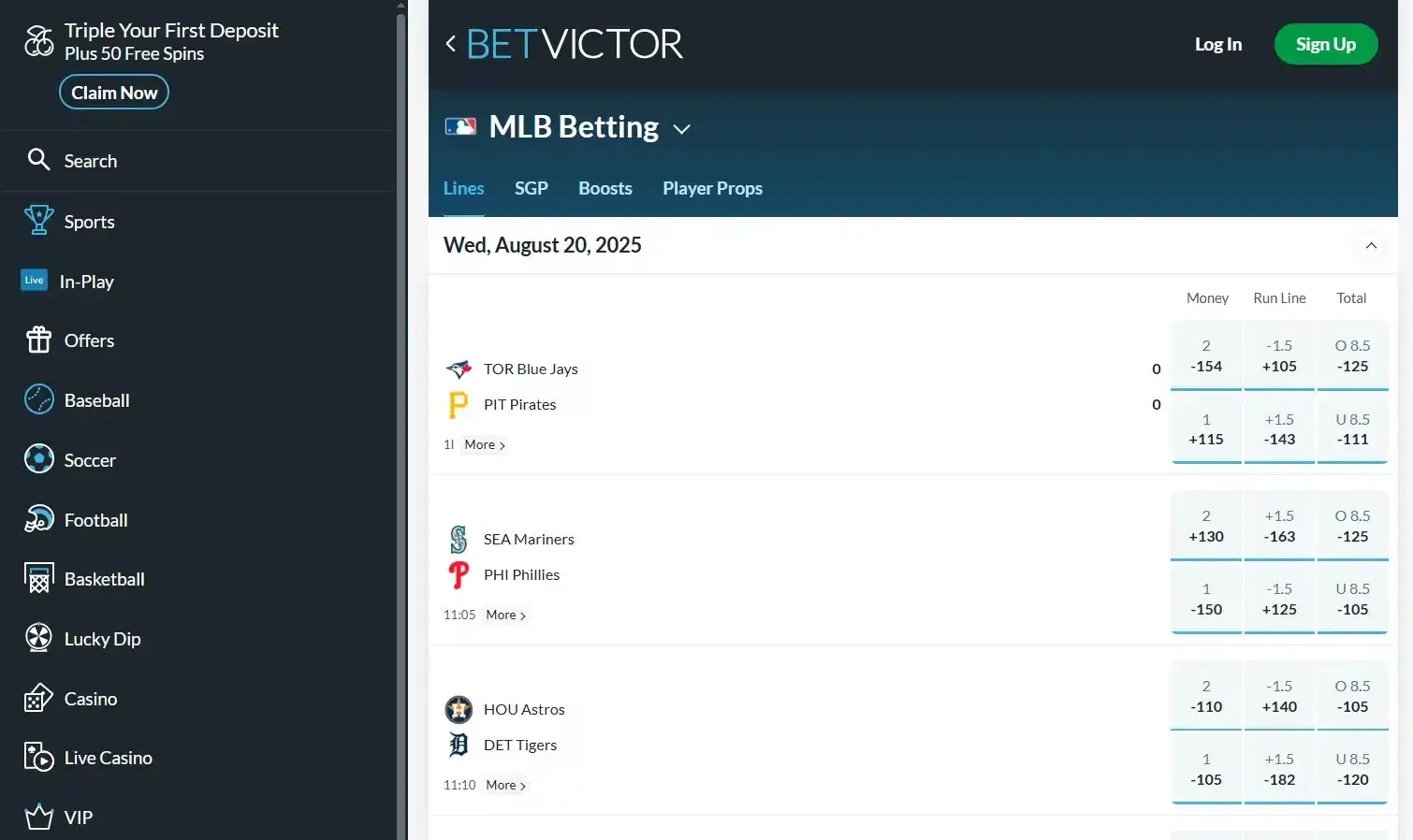 A screenshot of the desktop view of BetVictor's MLB odds