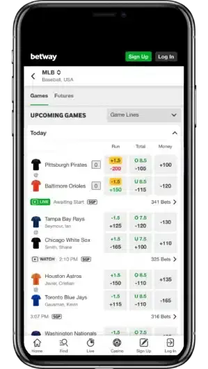 A image of a smartphone displaying Betway's MLB Betting app on screen