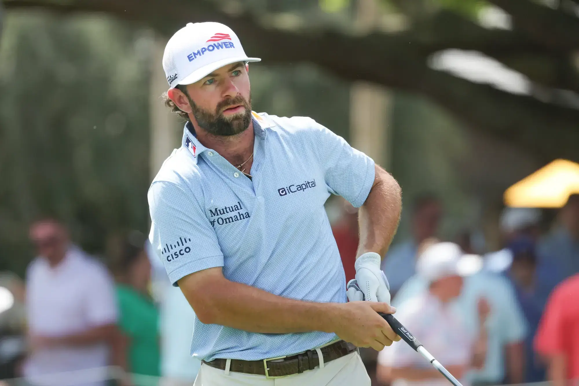 Mar 8, 2026; Orlando, Florida, USA; Cameron Young plays his shot from the first tee during the final round of the Arnold Palmer Invitational golf tournament.