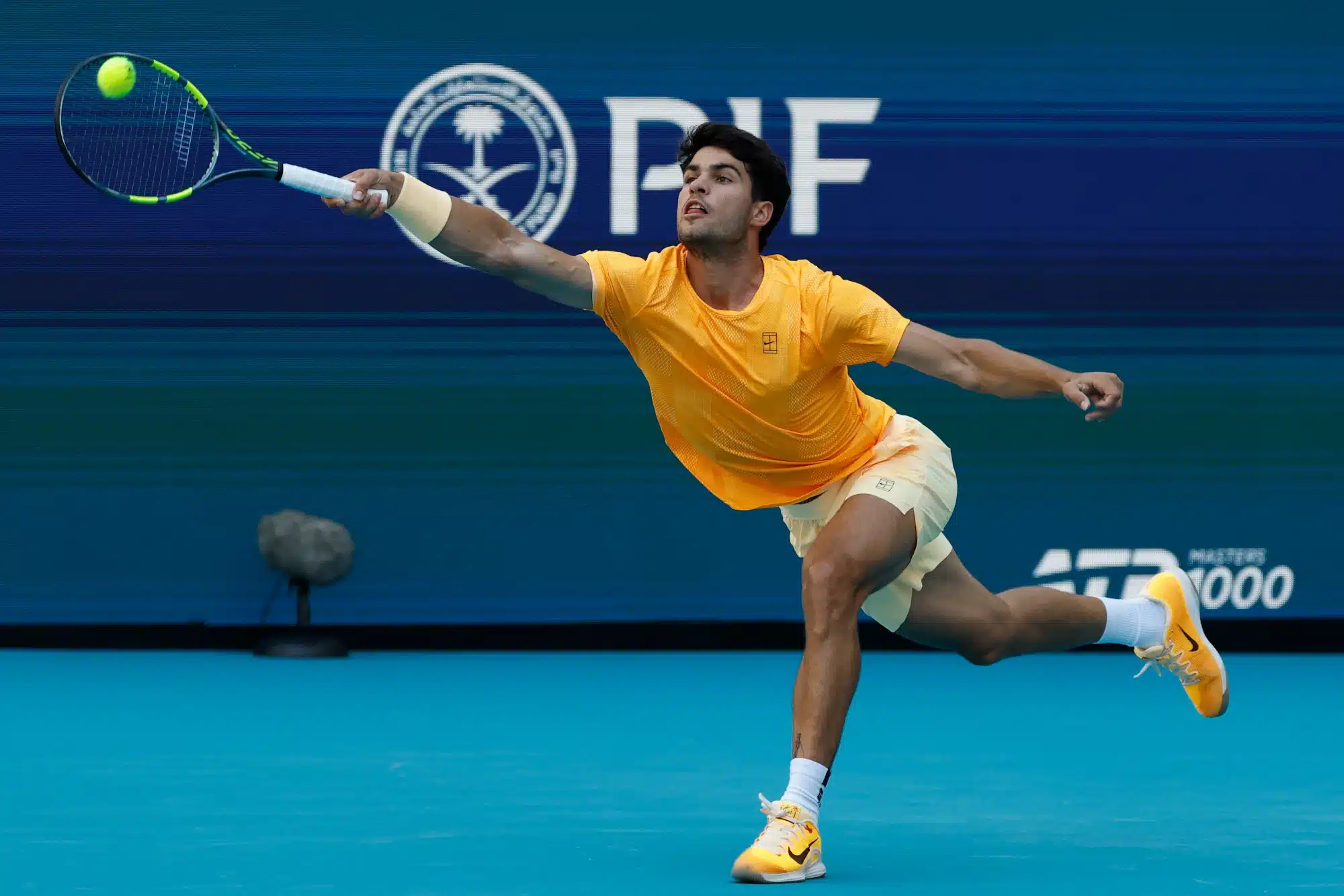 Mar 22, 2026; Miami Gardens, FL, USA; Carlos Alcaraz (ESP) reaches for a forehand against Sebastian Korda (USA) (not pictured) on day six of the 2026 Miami Open at Hard Rock Stadium.