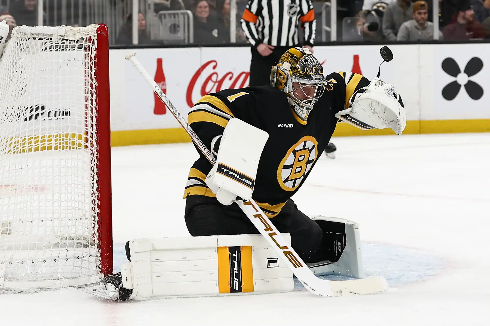 Mar 3, 2026; Boston, Massachusetts, USA; Boston Bruins goaltender Jeremy Swayman (1) makes a save off his houlder during the second period against the Pittsburgh Penguins at TD Garden.