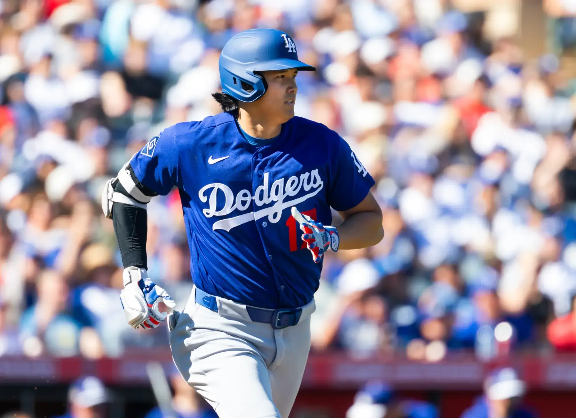 Feb 21, 2026; Tempe, Arizona, USA; Los Angeles Dodgers designated hitter Shohei Ohtani against the Los Angeles Angels during a spring training game at Tempe Diablo Stadium.