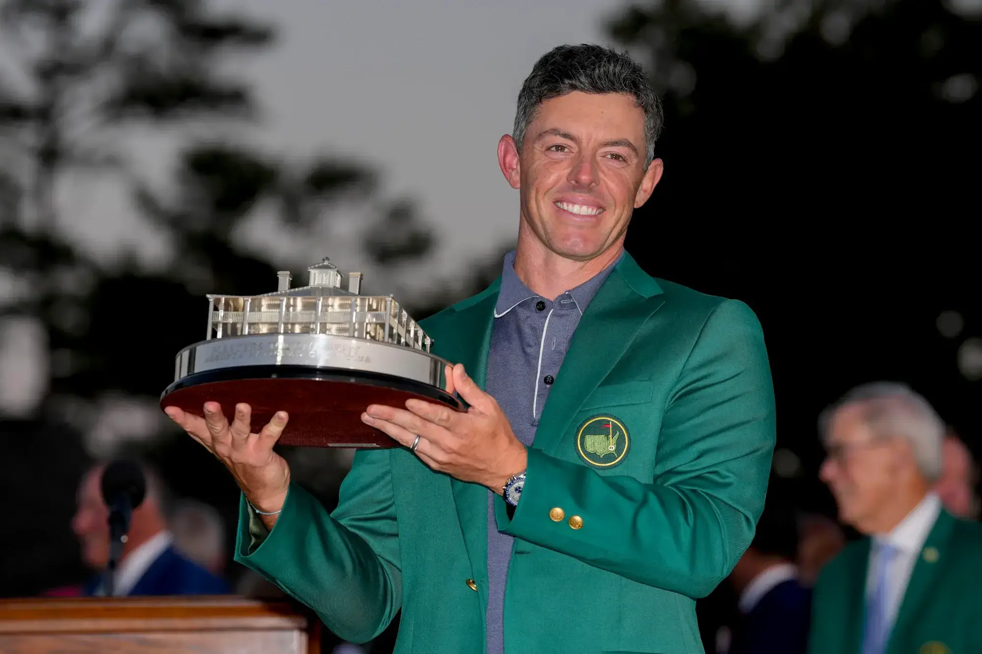 Apr 13, 2025; Augusta, Georgia, USA; Rory McIlroy holds the Masters championship trophy during the final round of the Masters Tournament at Augusta National Golf Club. 