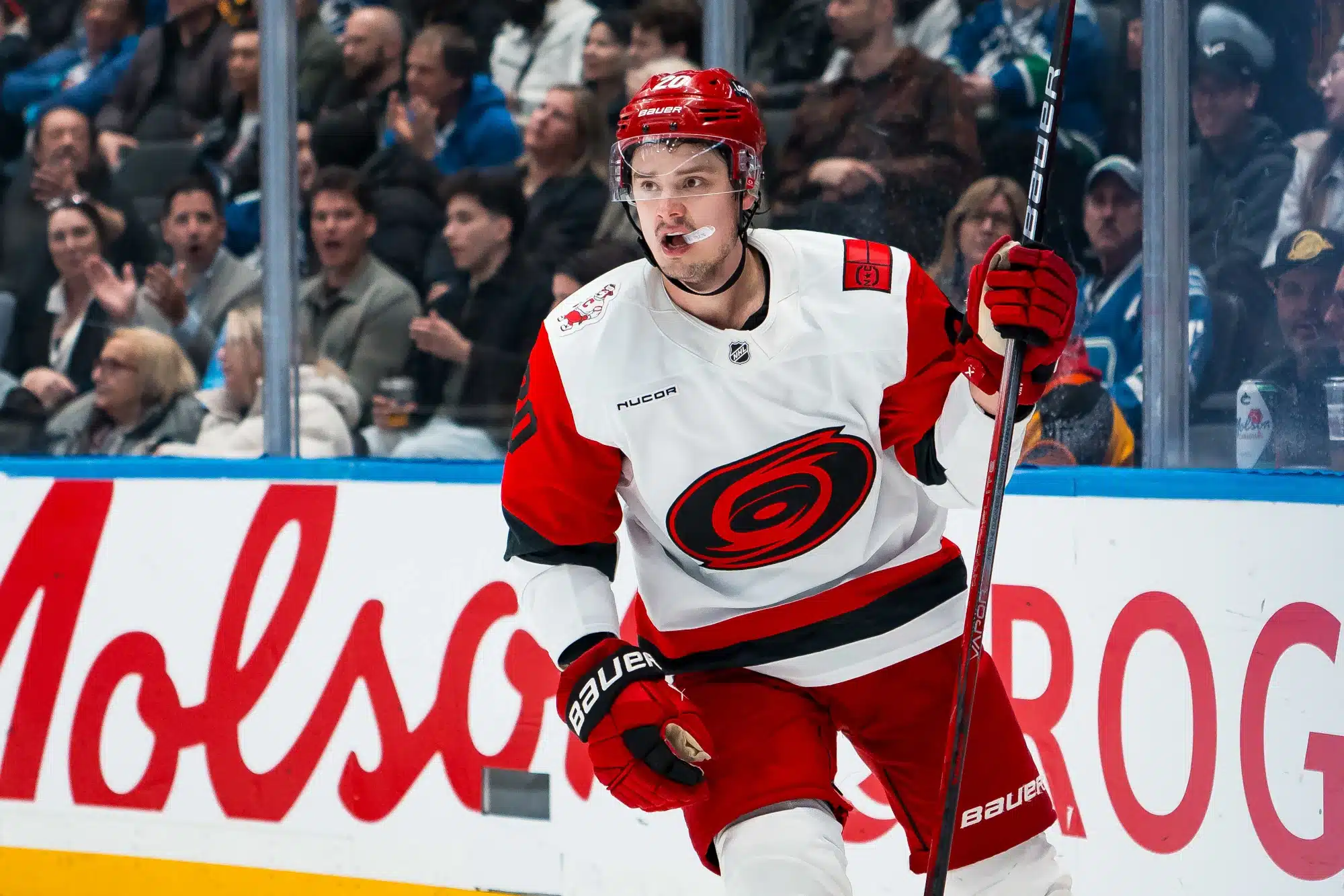Mar 4, 2026; Vancouver, British Columbia, CAN; Carolina Hurricanes forward Sebastian Aho (20) celebrates his goal against the Vancouver Canucks in the second period at Rogers Arena. 